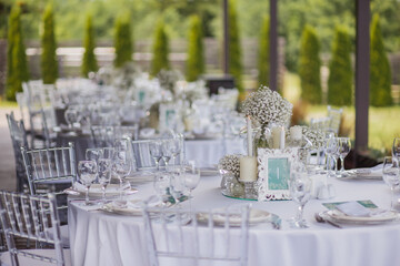 Wedding table decoration with white wildflowers and candles. Decor Celebrating concept.
