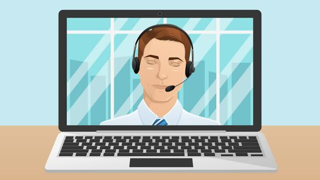 Cartoon animation of customer service employees conducting video conferences. A man appears on the laptop screen, behind him are office windows and the city in the background. Easy to edit loop.