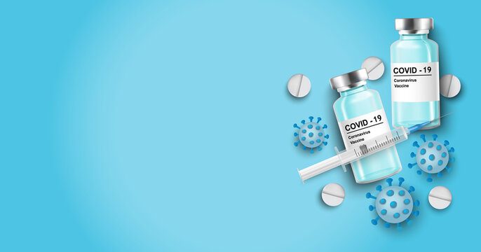 Coronavirus vaccine background. Covid-19 corona virus vaccination with vaccine bottle and syringe injection tool for covid19 immunization treatment. Realistic illustration
.Mock up, copy space.