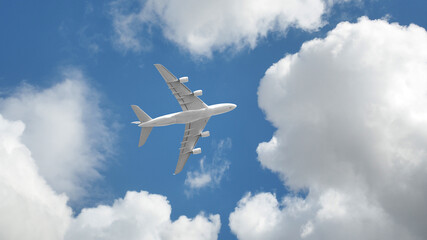 Passenger airplane taking off passing overhead in deep blue cloudy sky as shot from the ground