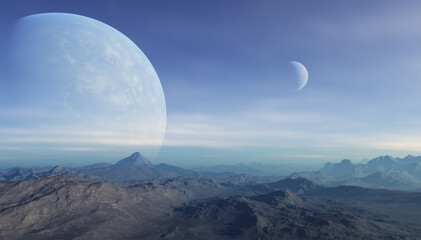 3d rendered Space Art: Alien Planet - A Fantasy Landscape with blue skies and clouds