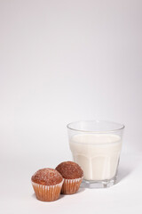 two little cupcakes or muffins in powdered sugar near a glass of milk. healthy breakfast. snack or lunch