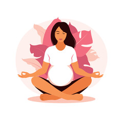 Pregnant woman makes yoga and meditation. Concept pregnancy, motherhood, health care. Illustration in flat style.