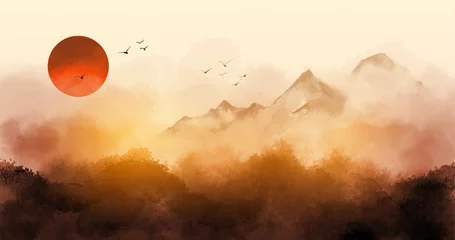 Washable Wallpaper Murals Beige Sunrise landscape with misty forest, distant mountains and sunrise sky. Traditional oriental ink painting sumi-e, u-sin, go-hua.