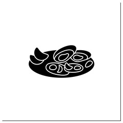  Asari clams glyph icon.Fried in butter clams on plate. Traditional dish.Spring Japanese food concept. Filled flat sign. Isolated silhouette vector illustration