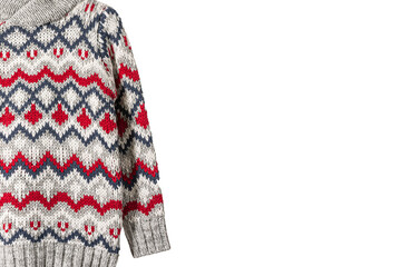 Knitted sweater on white background. Photography in landscape format with free space to write text if desired