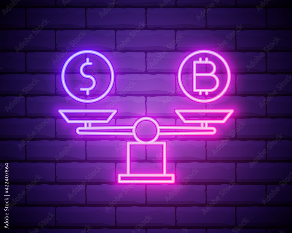 Poster bitcoin vs dollar on scales neon icon. elements of bitcoin blockchain set. simple icon for websites,
