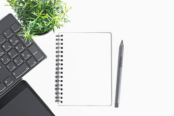 Office Desk Table with Supplies. Flat lay. Copy space