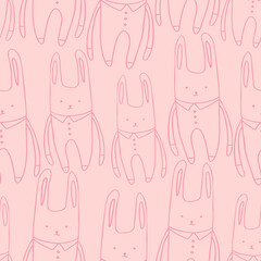 Seamless vector illustration black and white of a cute lined cartoon bunnies in pink tones