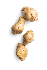 Raw jerusalem artichoke. Topinambur vegetable root.