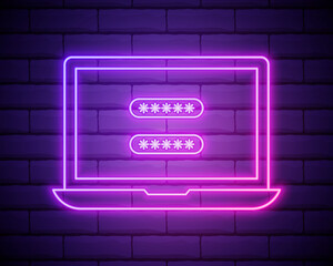 Glowing neon Laptop with password notification icon isolated on brick wall background. Concept of security, personal access, user authorization, login form. Vector Illustration