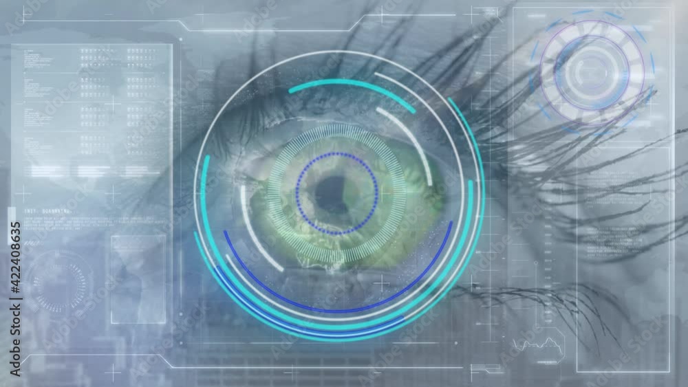 Poster scope scanning over close up of female eye against digital interface with data processing