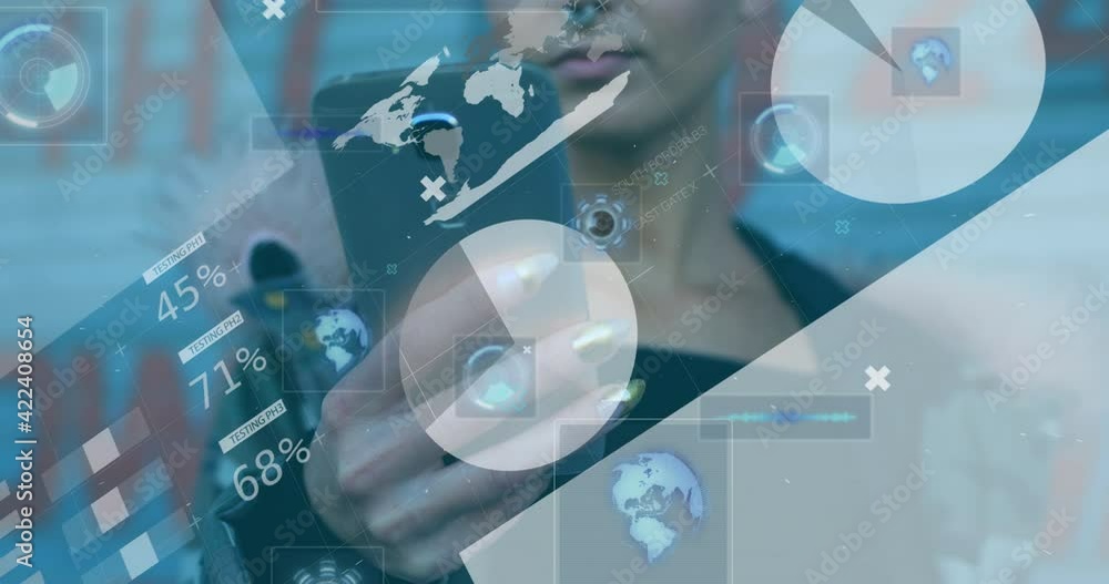 Poster statistical data processing and round scanners against woman using smartphone