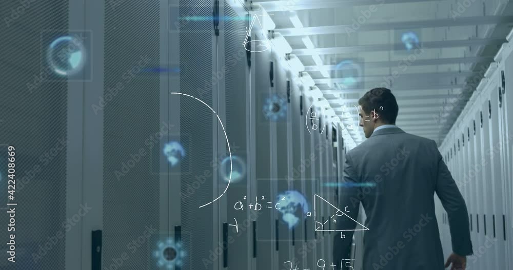 Poster mathematical equations and round scanners against man walking in computer server room