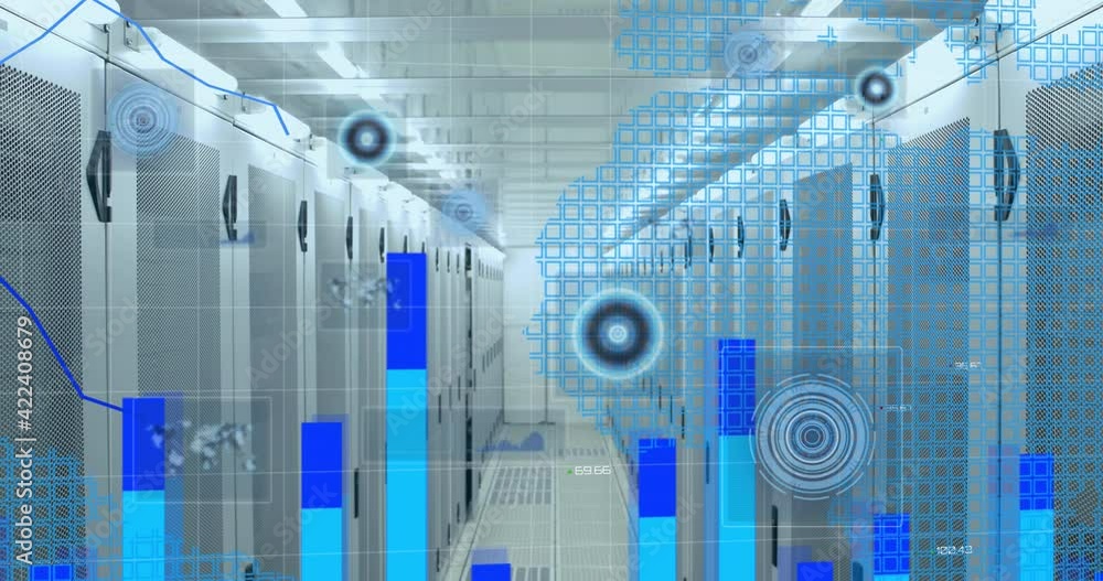 Poster statistical data processing and round scanners over world map against empty computer server room