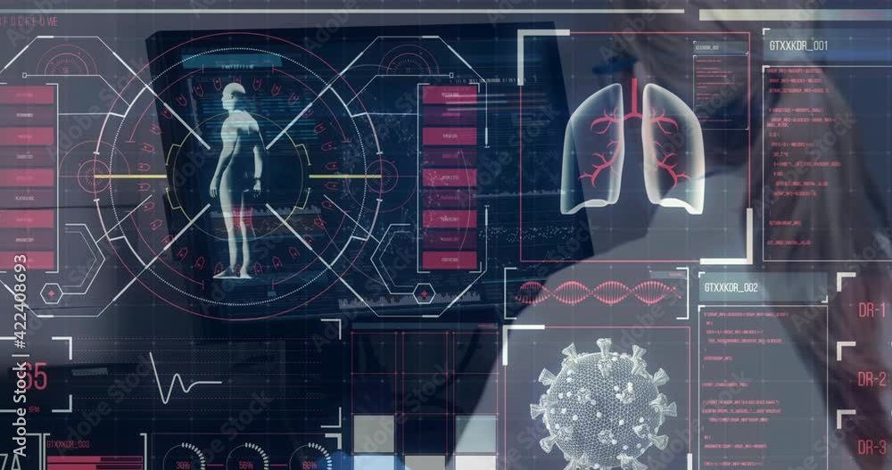 Poster digital interface with medical data processing against female doctor using computer