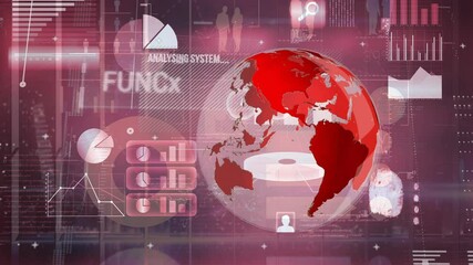 Digital animation of globe spinning against digital interface with data processing on red background - Powered by Adobe