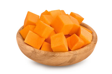butternut squash diced in wooden bowl isolated on white background with clipping path and full depth of field