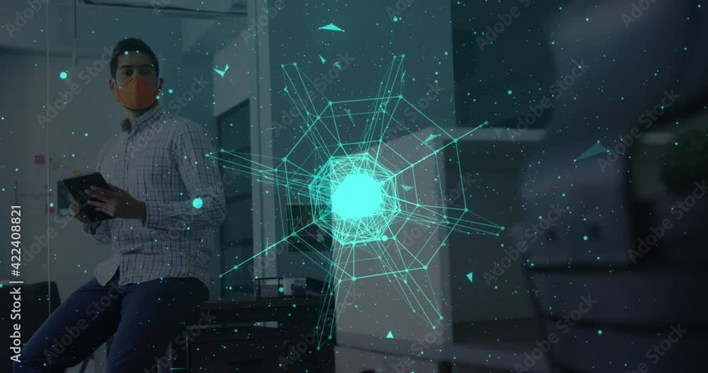 Poster globe of network of connections against man wearing face mask using digital tablet at office