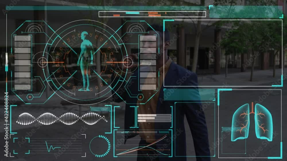 Poster digital interface with medical data processing against man with trolley bag talking on smartphone