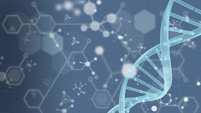 Dna structure spinning over molecular and chemical structures floating against blue background