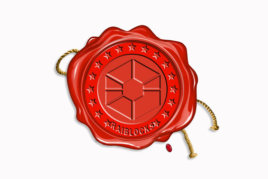 Red wax seal with copy space on a white background. Icon seal wax realistic stamp with rope and digital cryptocurrency logo: Raiblocks (XRB)