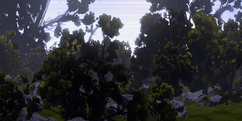 3D illustration. Fictional abstract realm. Science fiction theme. Digitally painted concept art.