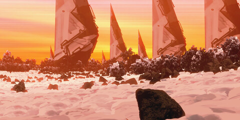 3D illustration. Fictional abstract realm. Science fiction theme. Digitally painted concept art.