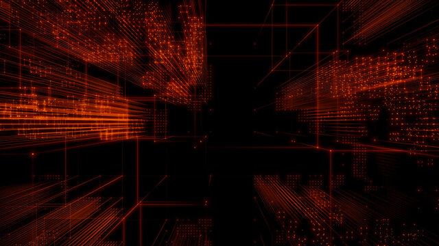 Futuristic, Orange Digital Grid background. Network Tech Wallpaper. 3D Render 