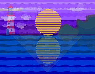 Night seascape, moon, sky, clouds, sea, waves, mountains, lighthouse. Colored illustration for design