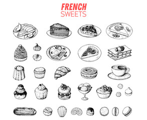 French desserts set with rum baba, palmier, chocolate religieuse, macaron, canele, mont blanc, profiterole creme brulee French cuisine. Food menu design template. Hand drawn sketch vector illustration