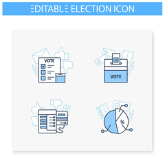 Election line icons set. Election, voting machine and poll, vote box. Choice, vote concept. Democracy. Parliamentary or presidential elections. Isolated vector illustrations. Editable stroke