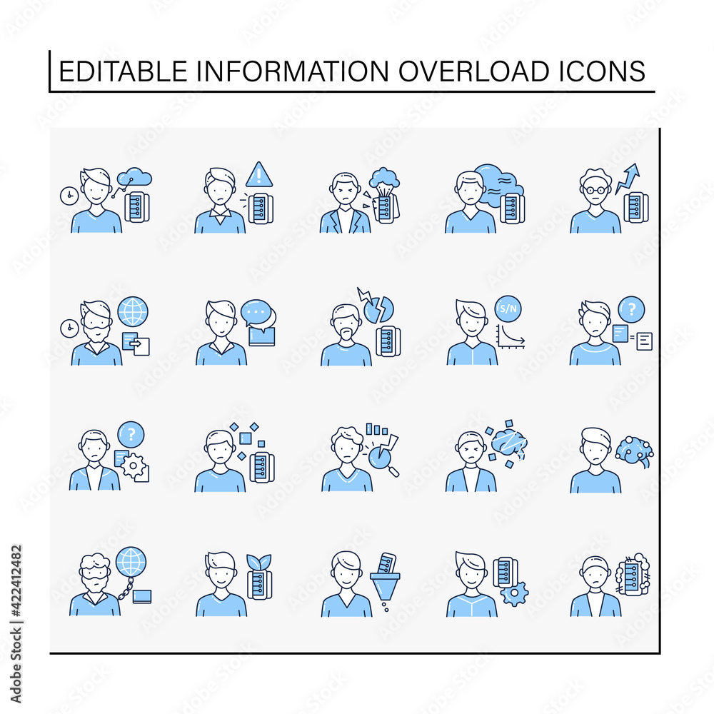 Poster information overload line icons set. consists of information age, data smog, info pollution and ecol