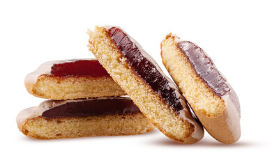 Four cookies with fruit jelly cut in half