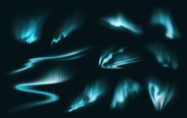 Blue northern polar lights glow. Vector arctic aurora borealis, natural phenomena, amazing glowing wavy illumination on night sky. Realistic 3d shining aurora abstract shining set on black background