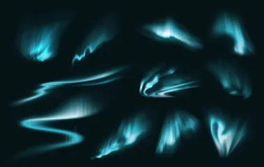 Fotobehang Blue northern polar lights glow. Vector arctic aurora borealis, natural phenomena, amazing glowing wavy illumination on night sky. Realistic 3d shining aurora abstract shining set on black background © Buch&Bee