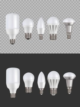 Led Lamps, Fluorescent Light 3d Vector Bulbs, Luminescence Illumination Energy Saving Equipment. Low Operating Temperature Lightbulbs Different Shapes, Local And General Halogen Lighting Realistic Set