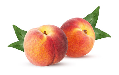 Two ripe peach fruit with leaf