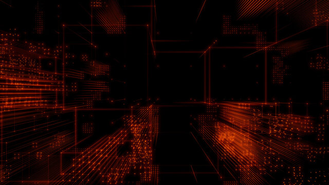 Futuristic, Orange Digital Grid background. Network Tech Wallpaper. 3D Render 
