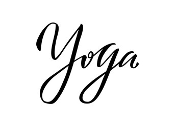 Vector illustration of yoga creative isolated lettering for banners, posters, catalogs, article headlines, product design, clothing labels. Handwritten calligraphic text for web or print
