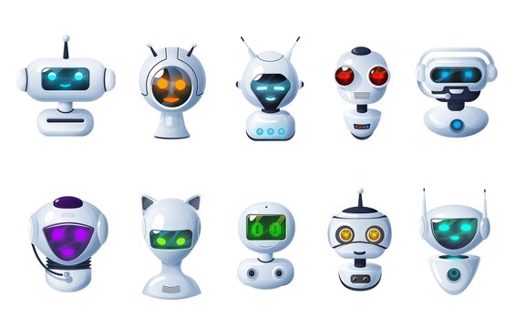 Chat bot icons, cartoon robots, vector cyborg heads with digital glow face, microphones and antennas. Artificial intelligence technology. Friendly cute electronic ai chatbot assistant characters set