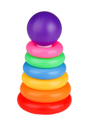 Children's multi-colored plastic pyramid. On a white background, isolated.