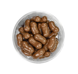 Chocolate, sweet crunchy snack isolated on white background. Chocolate balls on white background. chocolate covered corn flips.
