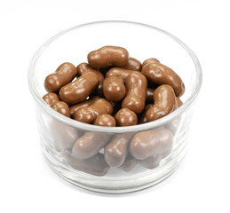Chocolate, sweet crunchy snack isolated on white background. Chocolate balls on white background. chocolate covered corn flips.