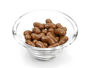 Chocolate, sweet crunchy snack isolated on white background. Chocolate balls on white background. chocolate covered corn flips.