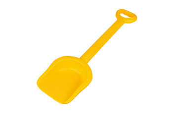 A child's yellow shovel. The child's shoulder blade is yellow, on a white background, isolated.