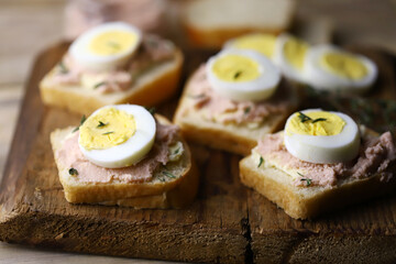 Selective focus. Sandwiches with cod roe and egg. Healthy snack. Keto.