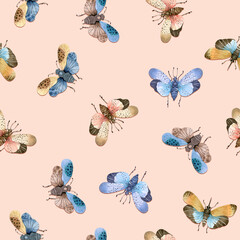 seamless pattern with watercolor illustrations of butterfly on pink background, hand painted	
