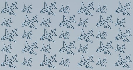 Aircraft with planes icons on blue background. Abstract seamless pattern.