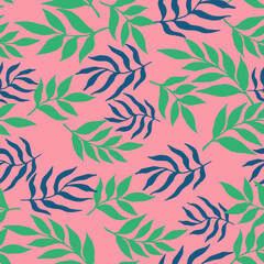 Seamless vector pattern in contemporary style with simple silhouettes of blue and green leaves on pink background. Good print for wallpaper, textile, wrapping paper, ceramic tiles
